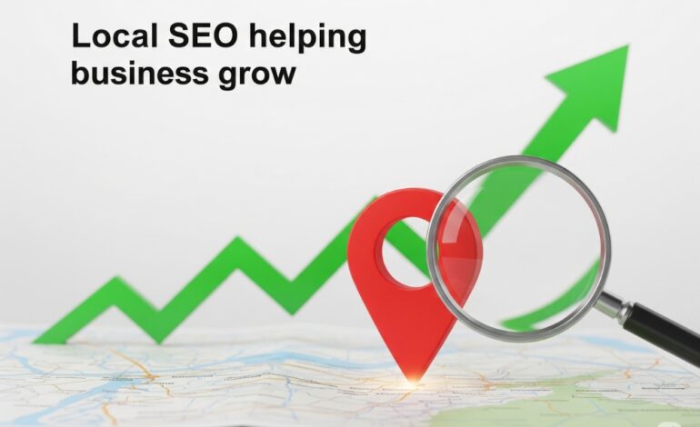 Local SEO boosting business growth with map pin and upward arrow